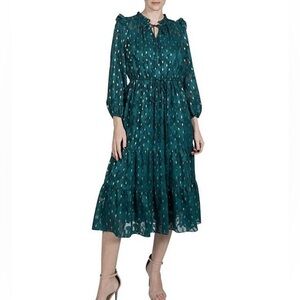 Julia Jordan Mock Neck Green Metallic Dot Print Burnout Chiffon Midi Dress Sz 14